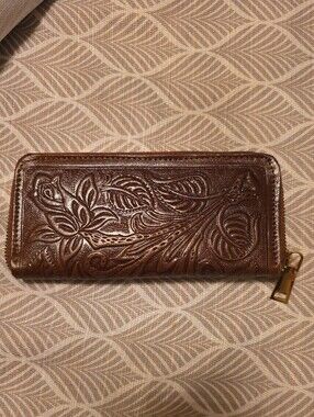 Genuine Leather Classic Embossed Floral Zip Wallet - Brown